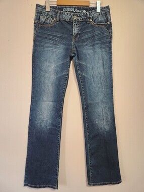 Vintage Y2K Guess Flirty Bootcut Jeans Medium Wash Embellished Flap Pockets 29